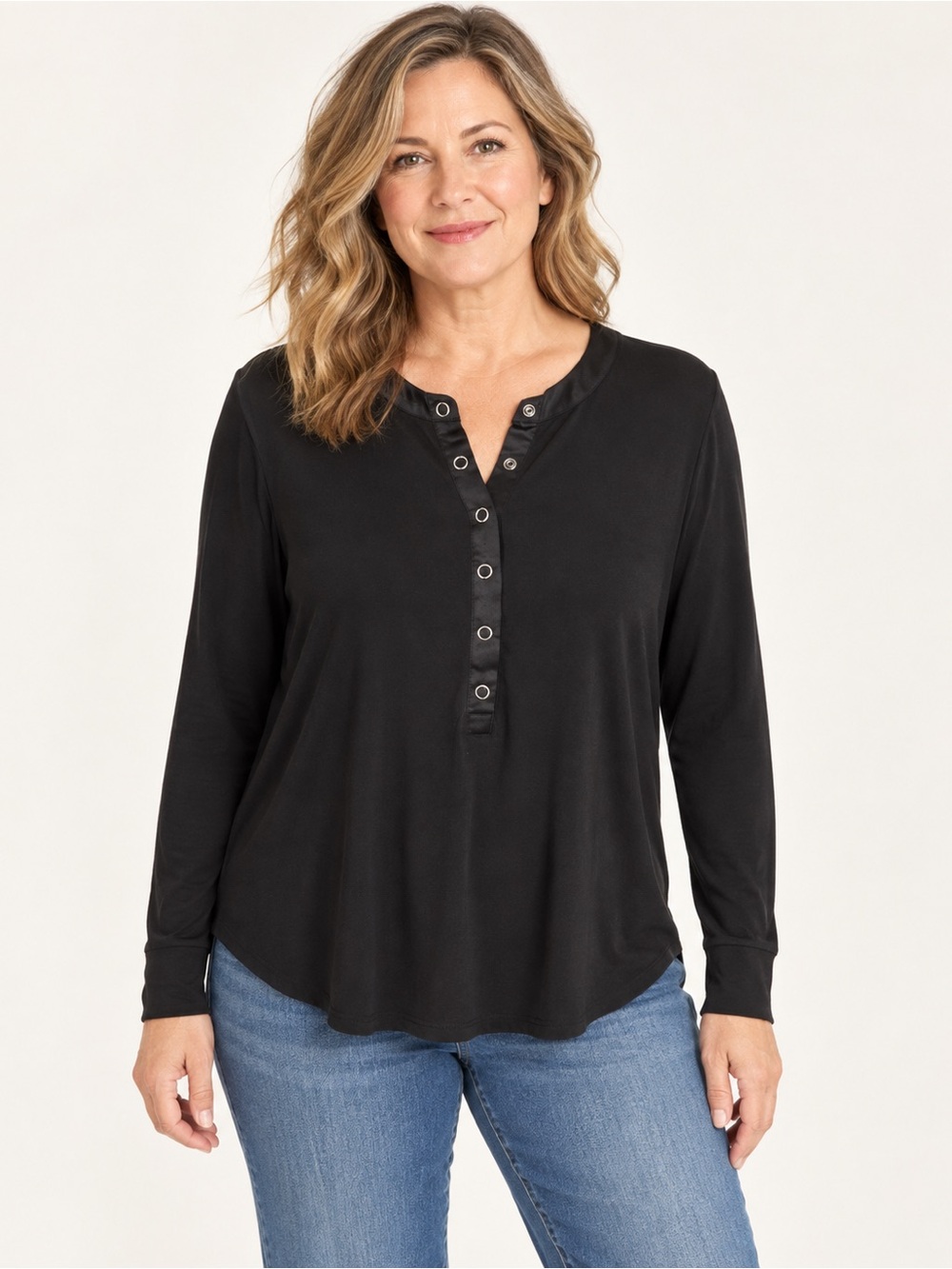 EVEREVE Bia Sleek Henley Women XL Black Bamboo Viscose Snap Long Sleeve
